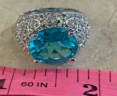 925 Sterling Silver vintage cocktail ring .5” aquamarine Ring 8 ornate MCM domed