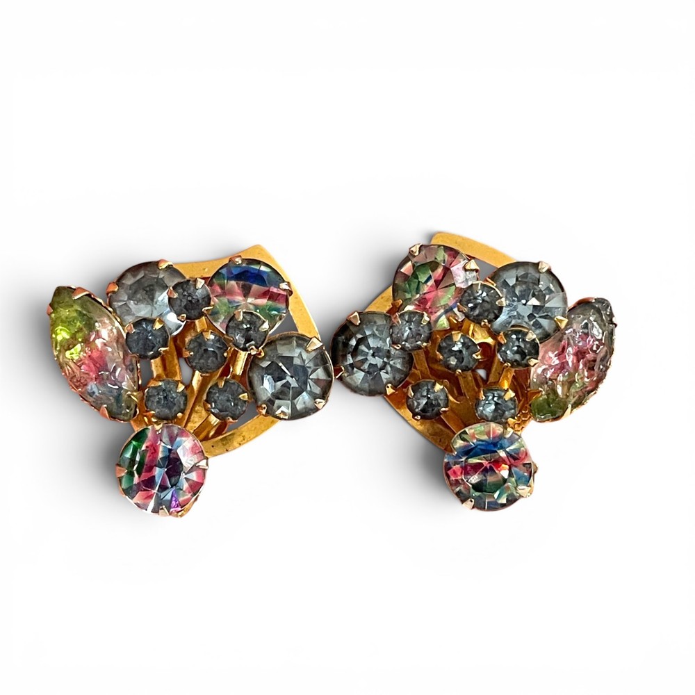 Vintage Iris Glass Clip Earrings Gold Tone Smoky Gray Rhinestone Cluster 1950s