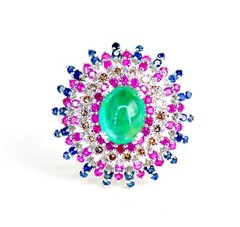 18KT WHITE GOLD COLORFUL COLOMBIAN EMERALD RUBY DIAMOND BLUE SAPPHIRE RING
