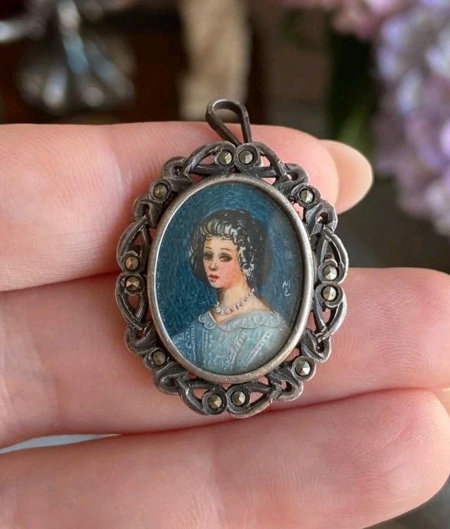 Vintage Silver 800 Womens Jewelry Pendant Brooch Portrait Miniature Signed Italy