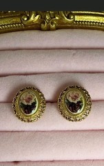Vintage 1928 Gold Tone Floral Porcelain Rose Oval Stud Earrings Victorian