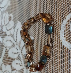 Vintage Bracelet, Gold Tone with Multicolor Emerald Cut Faux Stones. 7-1/2″