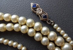 Antique Art Deco Deltah Solid 14K Gold Sapphire Diamond Man Made Pearl Necklace