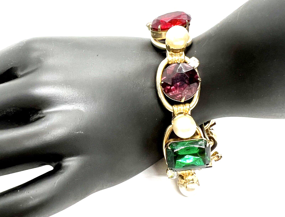 Bold Juliana D&E Bracelet ~ Huge Rhinestones, Flanked by Pearls & Tiny Diamonds