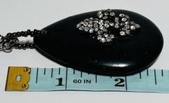 Cg Signed Silver Tone Necklace Black Stone Pendant Fleur De Lis Rhinestone 30in