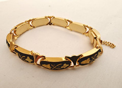 Vintage Spanish Style Damascene Black & Gold Tone Link Bracelet w/ Safety Chain