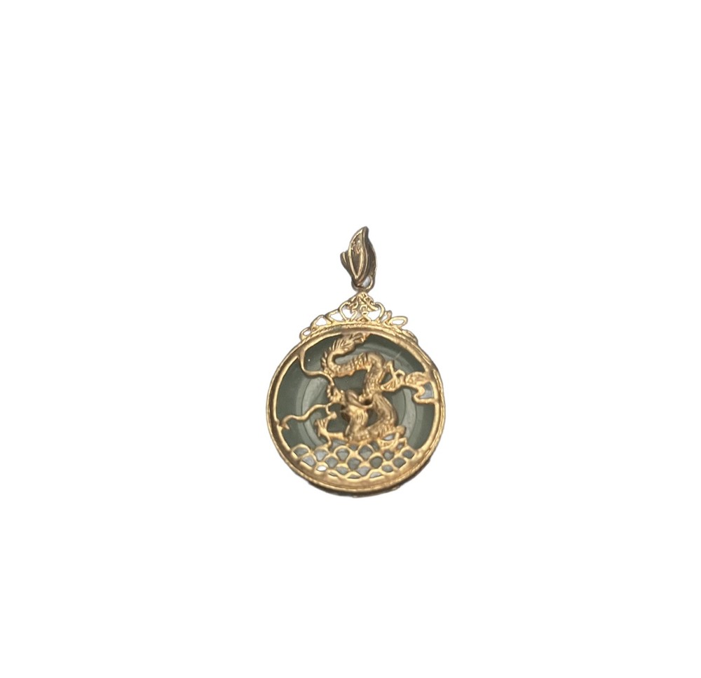 La Blingz Dragon Gold Tone Pendant w/ Jade Or Quartz & Round White Center Stone