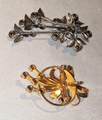 Lot Of 2 VTG Floral Brooches Pins Sterling Silver And Gold Tone Blue Crystals