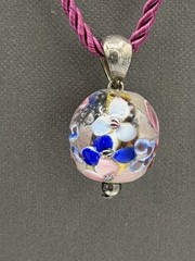 Art Glass Floral Bead Pendant Necklace 18” Blue White