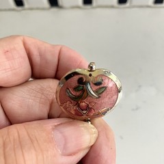 VINTAGE CLOISONNE PENDANT ENAMEL BOTH SIDES DOMED RED PINK FLORAL GOLD-TONE