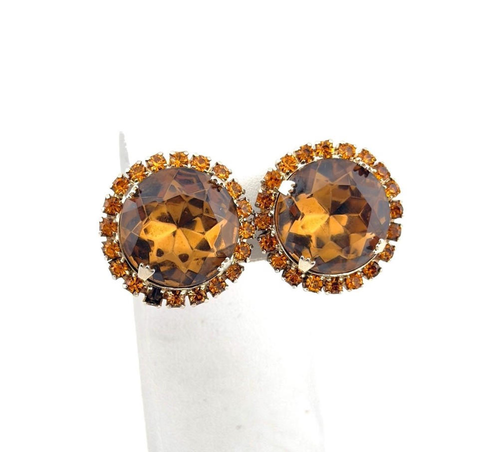 Vintage Faceted Topaz Rhinestone Clip On Earrings Glam Brown 1940s 1950s Wedding