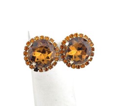 Vintage Faceted Topaz Rhinestone Clip On Earrings Glam Brown 1940s 1950s Wedding