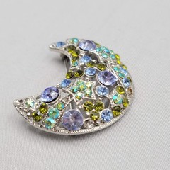 Vintage Crescent Moon Brooch Blue Green Rhinestone Silver tone 2″