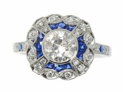 Art Deco Style Round Lab Created Diamond Sapphire 14K White Gold FN Wedding Ring