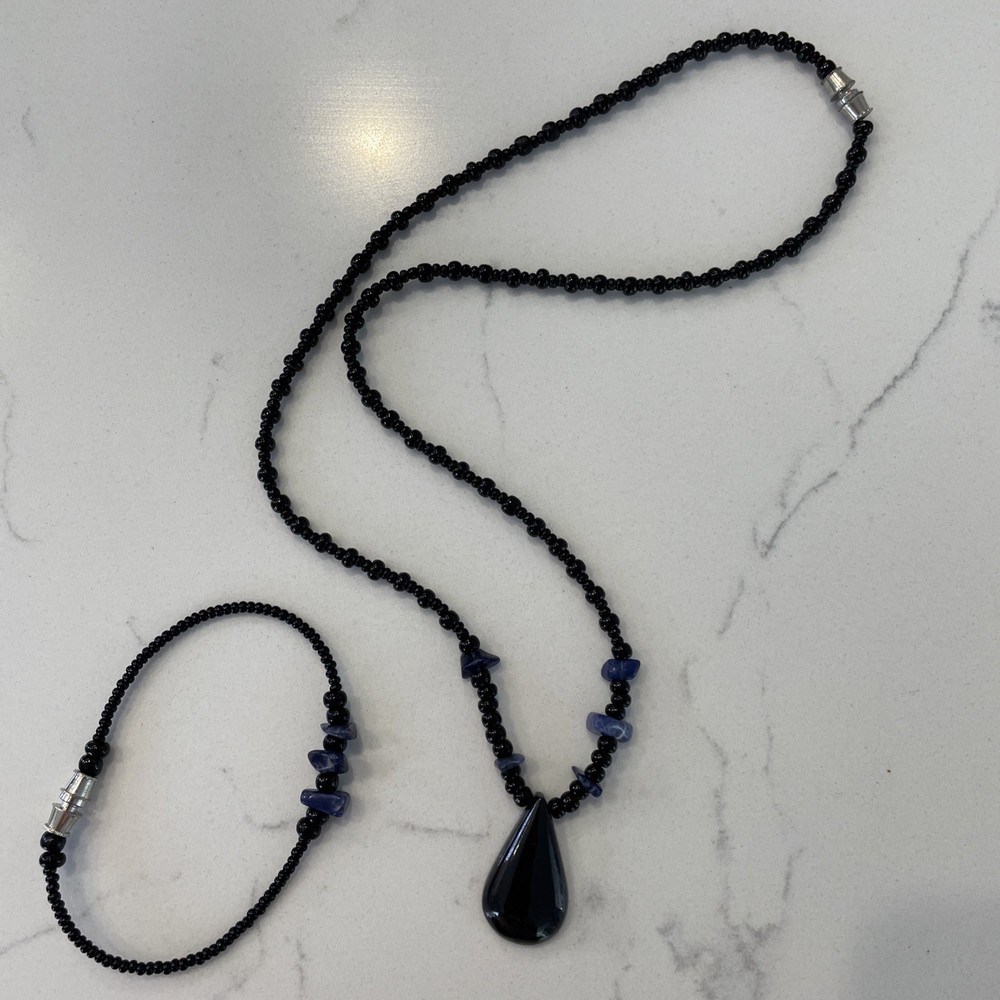 Vintage Stone And Bead Necklace 19 Inches And Bracelet 7 Inches Black Blue