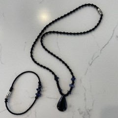Vintage Stone And Bead Necklace 19 Inches And Bracelet 7 Inches Black Blue