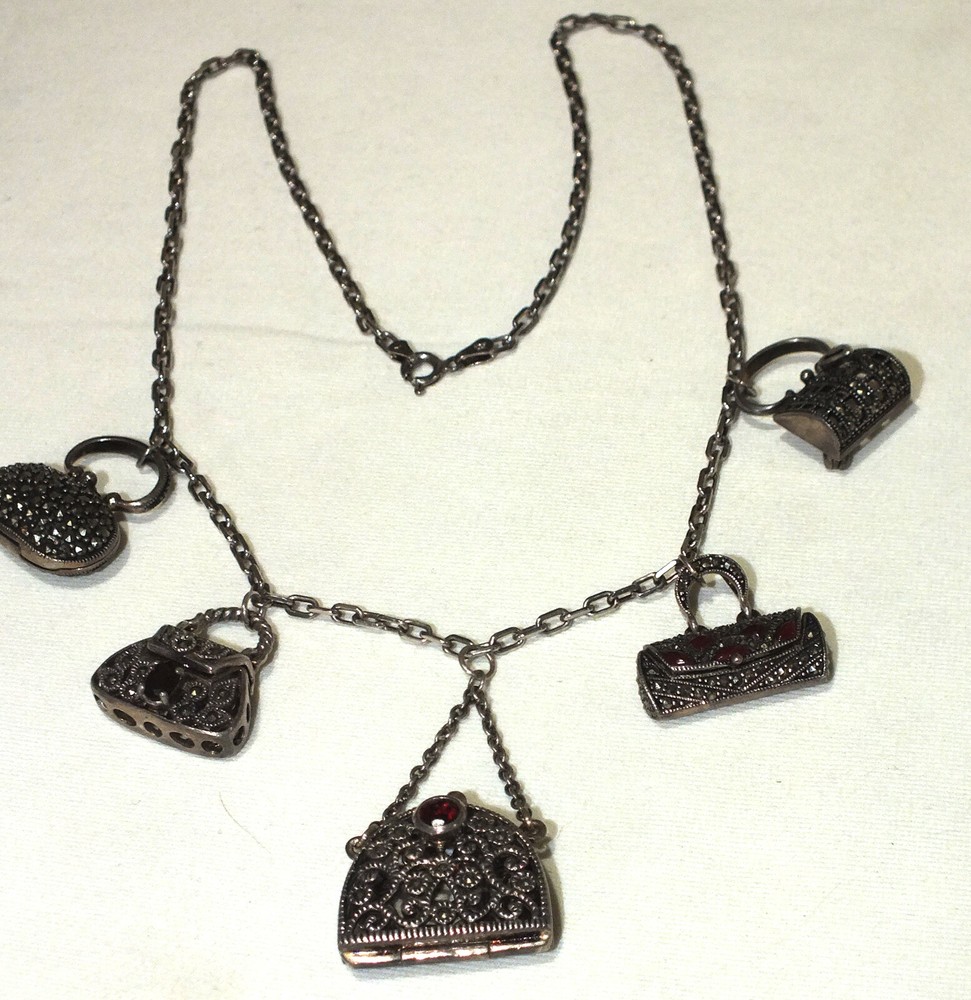 Unique Vintage Sterling Necklace w/5 Almandine Garnets & Marcasite Purses Charms