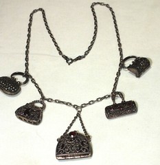 Unique Vintage Sterling Necklace w/5 Almandine Garnets & Marcasite Purses Charms