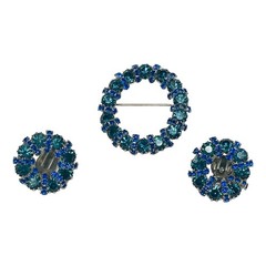 Weiss Signed Peacock Blue Emerald Green Brooch Earring Set Vintage 1960s Jewelry
