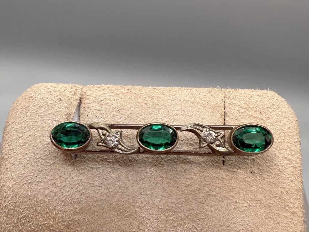 Antique Edwardian Silver Tone Bar Brooch — Green & Clear Paste Stones
