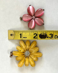 (2) Vintage Metal Acrylic & Rhinestone Flower Pendants Yellow Pink Flowers
