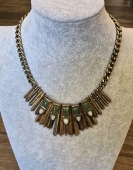 Vtg Rustic Metal & Stone Beaded Fringe Bib Statement Chain Necklace