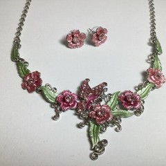20” PINK & GREEN ENAMEL FLORAL NECKLACE & PIERCED EARRINGS SET PINK RHINESTONES