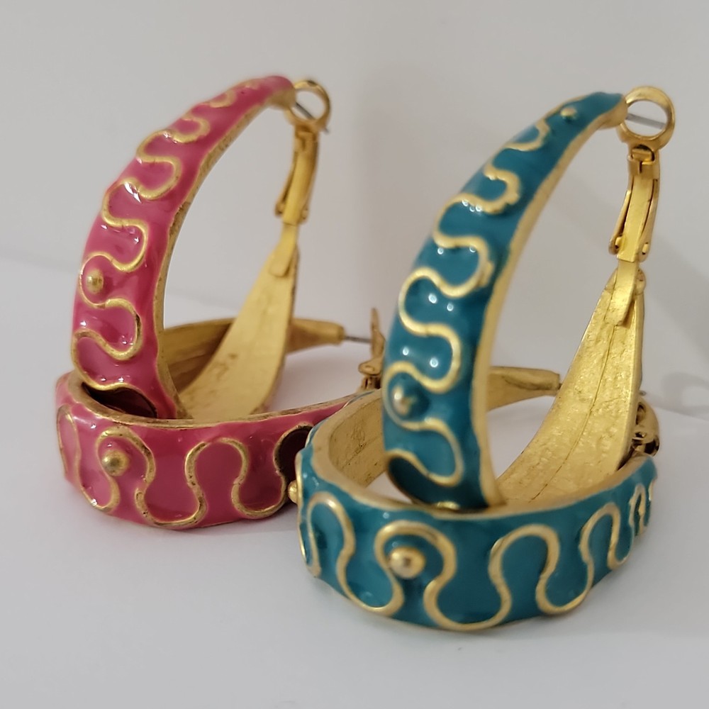 Vintage Gold Tone Pink Blue Enamel Dangle Hoop Earrings Statement