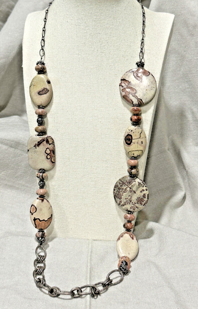 Chunky Stone Link Necklace Earth Tone Dark Silver Stone Chain Link 34 “