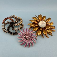 Vintage to Modern Brooch Pin Lot Flower Leaf Round Rhinestone Enamel 2 Signed