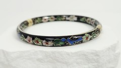 Vintage Chinese Black Cloisonné Enamel Bangle Bracelet Floral Hinged Gilt Brass