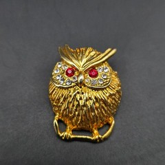 Gold Tone Owl Bird Brooch Rhinestone Eyes Nature Animal Vintage Jewelry