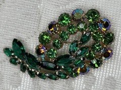 Vintage Brooch Green Marquise and Aurora Borealis Rhinestones AB Prong Set