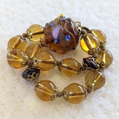 Vintage Brown Yellow Italian Wedding Cake Lampwork Knotted Glass Beaded Bracelet