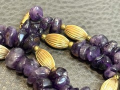 Genuine Dark Purple Amethyst Nugget Beaded Vintage Gold Tone Chunky Necklace 24”