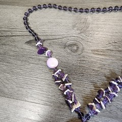 Vintage Necklace Purple Stone Seashell Rock Crystal Quartz Bead Tassel 20″ Shell