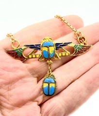 Antique Art Deco French Egyptian Revival Enamel Scarab w/ Wings Necklace NOS