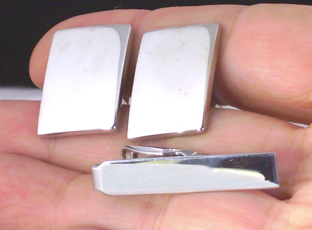 Vtg Mens Jewelry Cufflinks Tie Clasp Clip Bar Silvertone Set High Shine Finish
