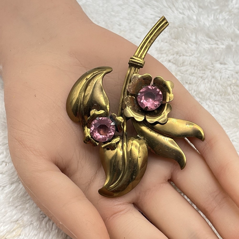 Vintage Flower Brooch Purple Stone Brass Large 3.75″