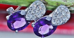 14k white gold 3.10ct amethyst diamond omega back earrings handmade 3.85gr
