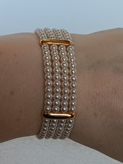 Vintage 4 Strand Faux Pearl Goldtone Tension Cuff Bracelet 7.5 in