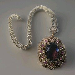 Vintage West Germany Ornate Flower Rhinestone Filigree Necklace Purple Amethyst