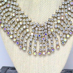Vintage AB Rhinestone Fringe Bib Statement Necklace Silver Tone Glam
