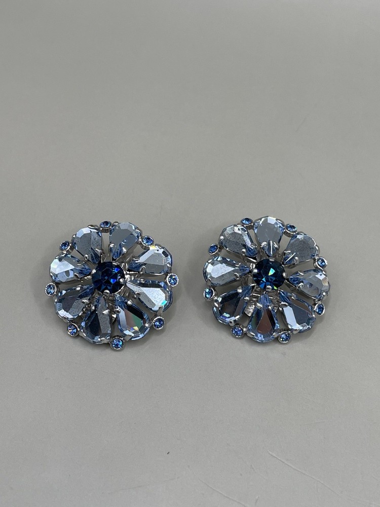 Vintage W. Germany SilverTone Blue Crystals Rhinestones Floral Clip On Earrings