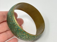 Boho Vintage Style Teal Green Embossed Brass Bangle Bracelet Mixed Set (3) Stack
