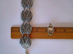 Vtg Leaf Bracelet & Earrings Set W. Germany Silver Tone Lightweight Paved Look