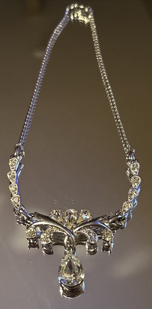 Vintage Anthony Statement Collar Necklace Clear Rhinestones Silver Tone
