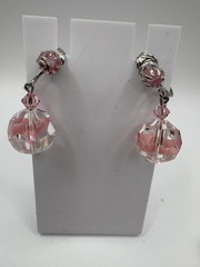 2 Pairs Pink AB Aurora Borealis Crystal Dangle Drop Clip-on Earrings Vtg