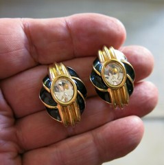 Swarovski Earrings Pierced Clear Crystal Black Enamel in Gold Tone Metal [4701]