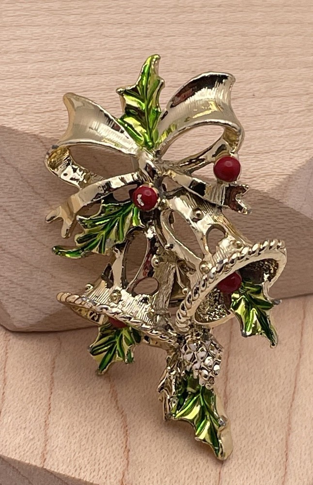 Gerry’s Christmas Bells Brooch Gold Tone Enamel Holly Rhinestone Vintage